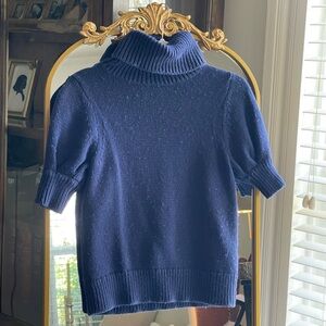 Adam Lippes x RTR Organic Cotton Wool Blend Navy Puff-Sleeve Turtleneck Sweater